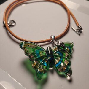 Vintage Murano Style Sand Glitter Glass Butterfly Pendant Leather Necklace